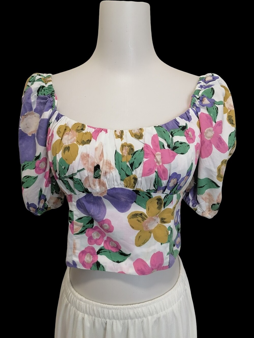 🌸🌸Floral Puff-Sleeve Crop Top - White Multicolor